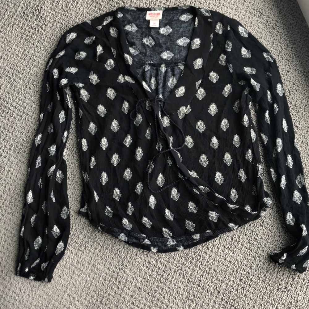 Black patterned tie front wrap top